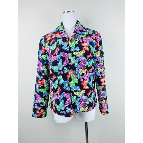 1990s Vintage Silk Jacket / 90s Rainbow Butterfly Quilted Coat / Size XL / 16 - Picture 5 of 7